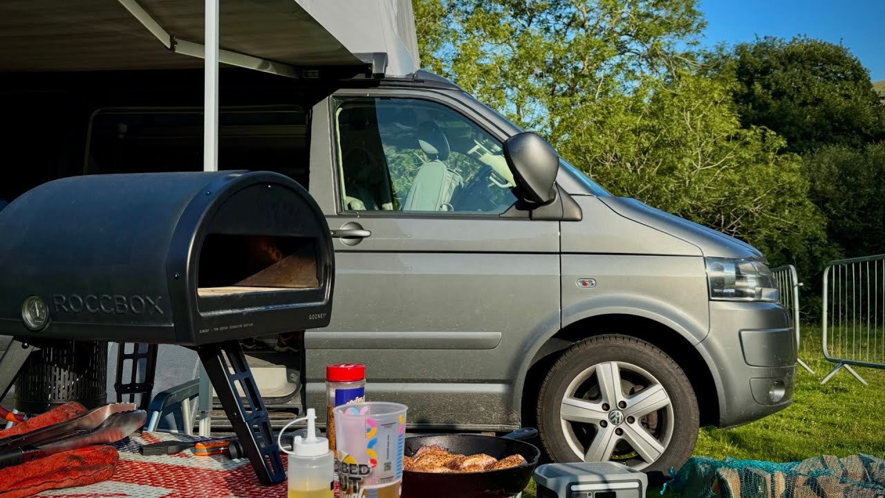 Chicken thighs on Gozney Roccbox in a camper van