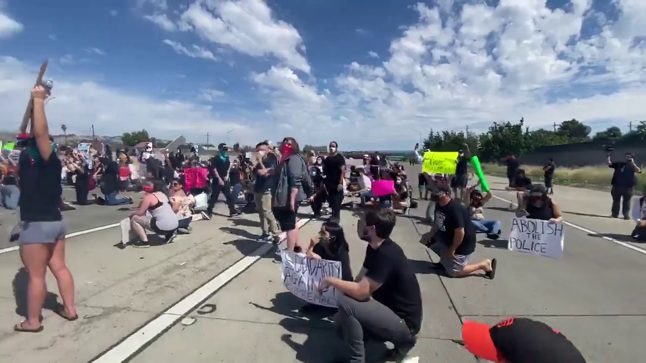 Demonstrators stop Highway 101 traffic during George Floyd protest in San Jose