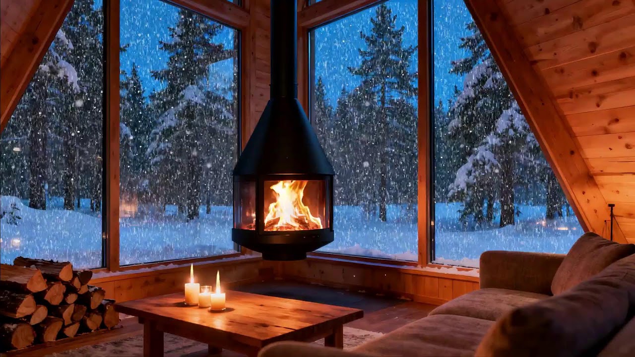 Cozy Winter Night  Fireplace Sounds & Snowfall Ambience