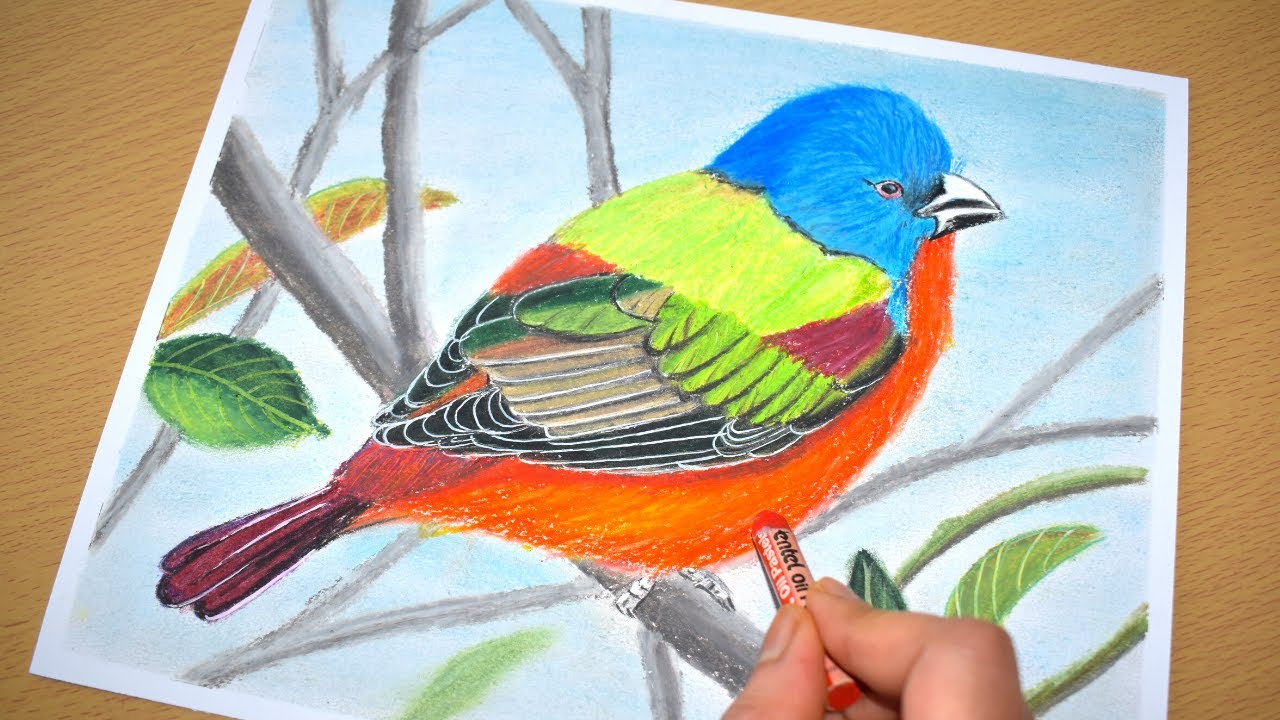 Bird scenery drawing with oil pastels | Oil pastel drawing for beginners - step by step