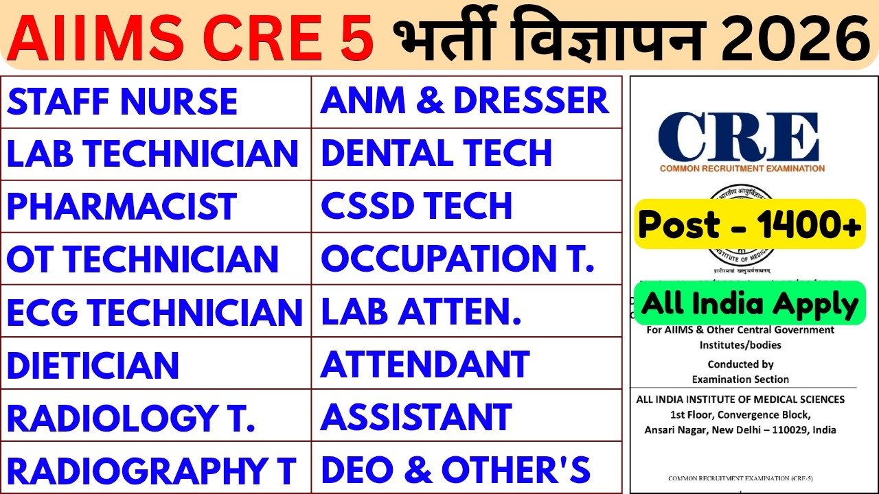 AIIMS CRE 5 VACANCY 2026 - STAFF NURSE, LAB TECHNICIAN, PHARMACIST, OT TECHNICIAN, ECG TECHNICIAN