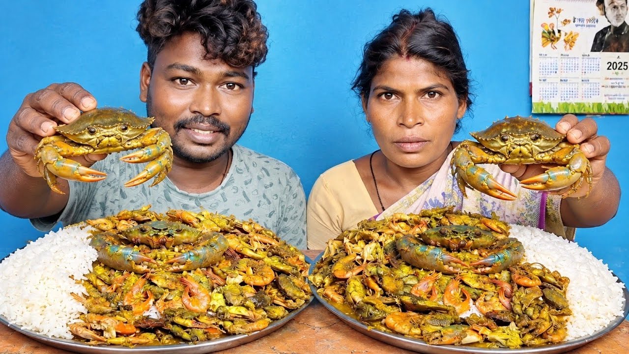 Unique Village Style Desi Crab 🦀 & Dry Fish 🐟 Cooking & Rice Eating | Ramesh village eating