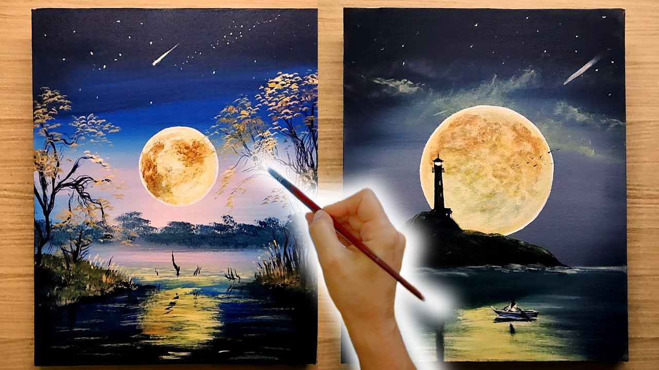 2 Ideas for Painting Enchanting Landscapes Under the Full Moon/Timelapse /Acrylic Painting 