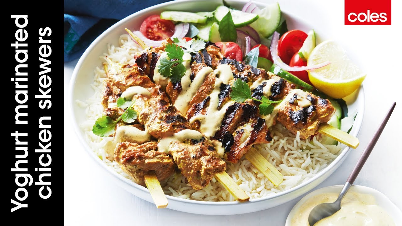 Yoghurt masala marinated chicken skewers