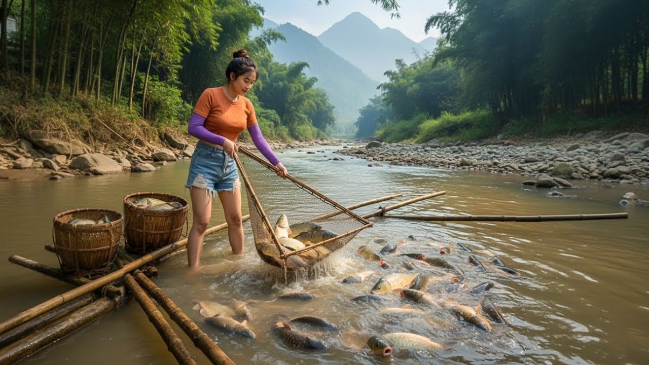 Harvesting Catching Natural Fish with Fishing Nets and Bringing Them to the Local Market