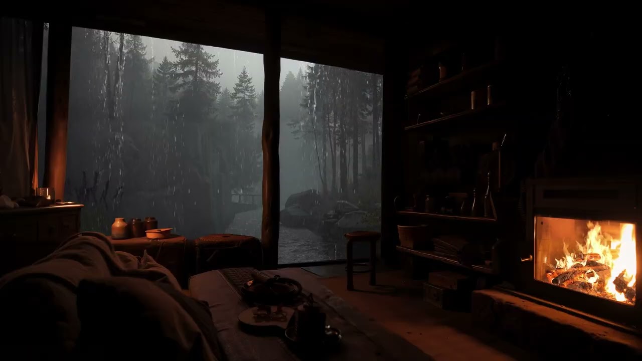 Cozy Fireplace Ambience to Help You Sleep 🌧️ Gentle Night Rain & Distant Thunder