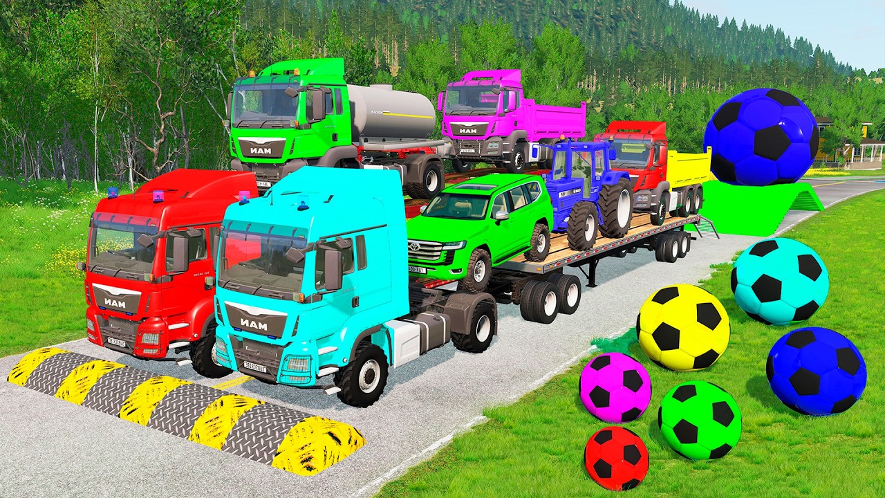 Flatbed Trailer McQueen Transportation with Truck - Speedbumps vs Cars vs Train - BeamNG.Drive #38