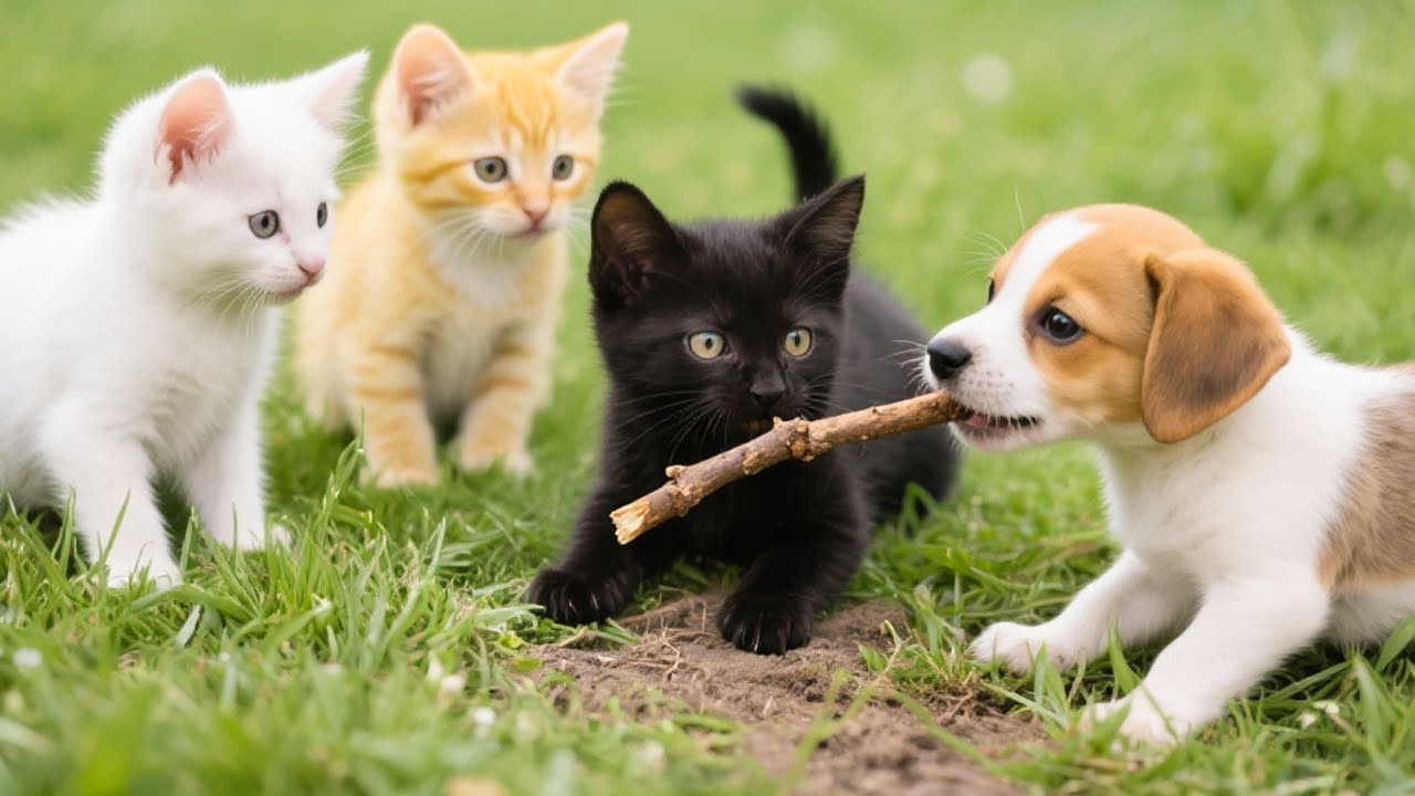 Cat and puppy playing on the grass - Cat sounds - Cat videos