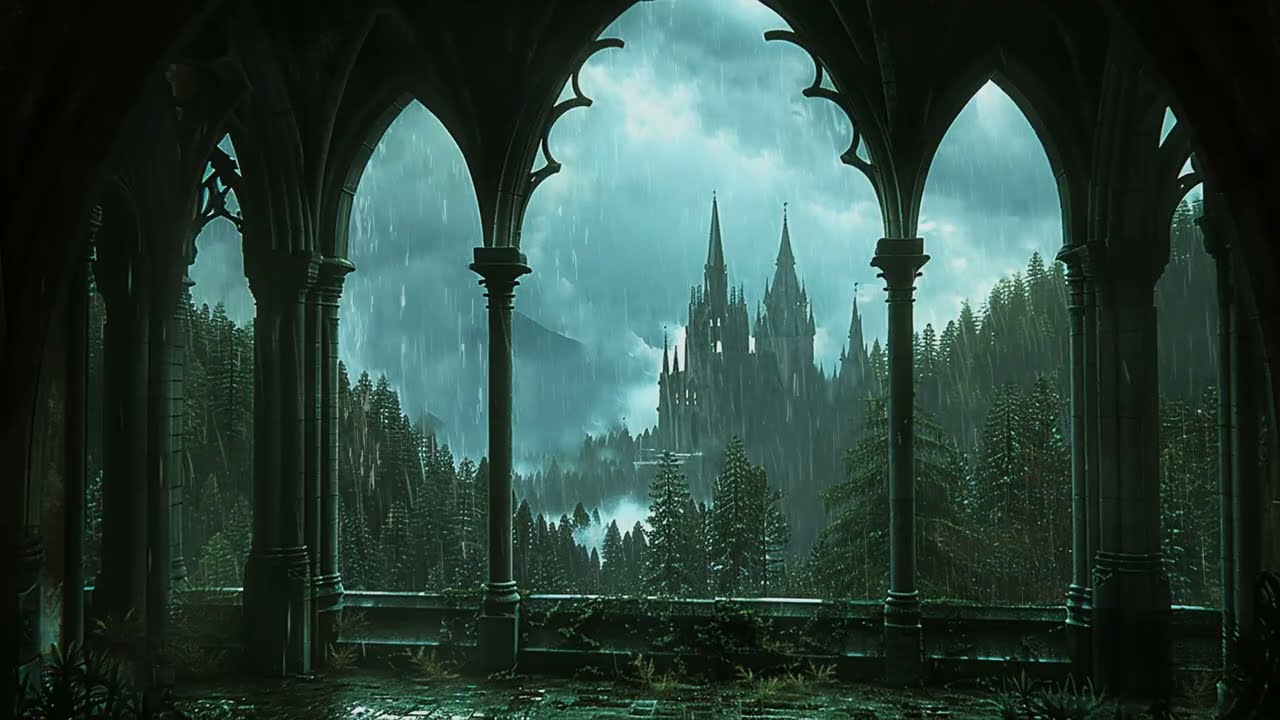 Kalter skandinavischer Regen in dunklen Wäldern um ein einsames Schloss für ASMR-Schlaf