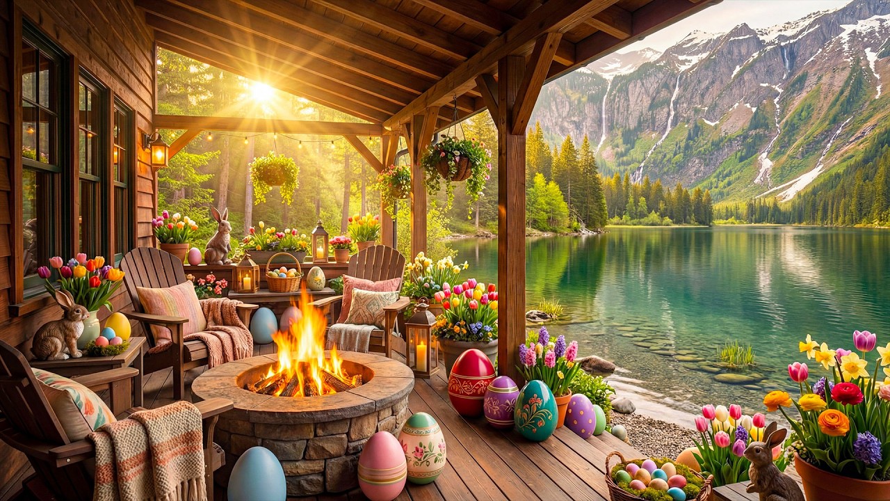Happy Easter! 🐰🌸 Lakeside Cabin Morning 🔥 Relaxing Nature Sounds, Cozy Fire & Spring Ambience 4K