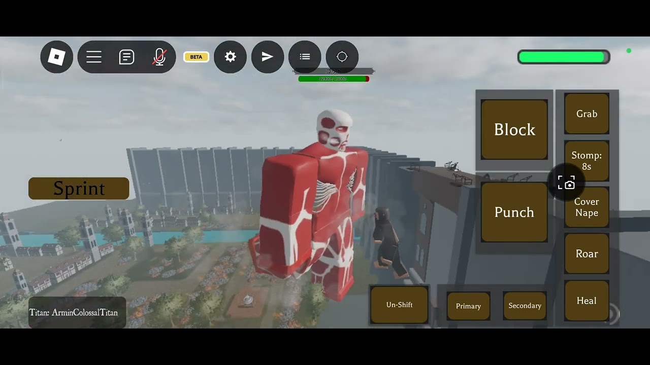 turning into armin colossal titan and nuking the server name: Aot paradis.