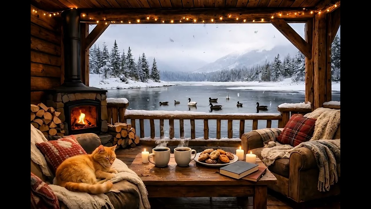 Cozy Winter Terrace Ambience ❄️ Lae view, Fireplace, Sleeping Cat & Soft Jazz Music