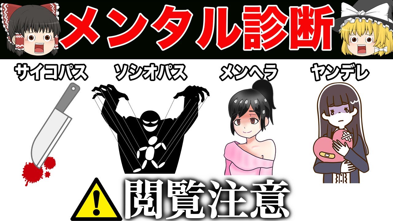＜※閲覧注意＞あなたがサイコパス・ソシオパス・メンヘラ・ヤンデレがわかる心理テスト【ゆっくり解説】