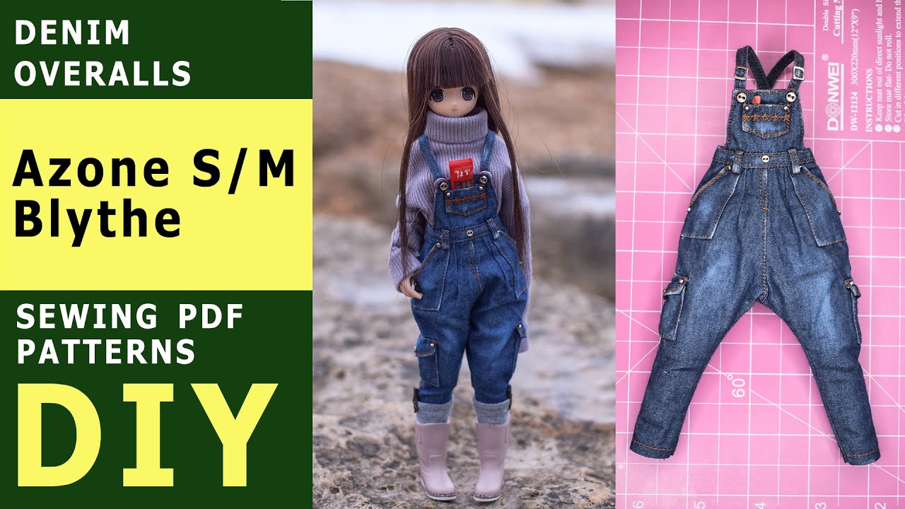How to make Denim Overalls for Pullip, Azone doll, Blythe, Obitsu / Doll clothes TUTORIAL DIY