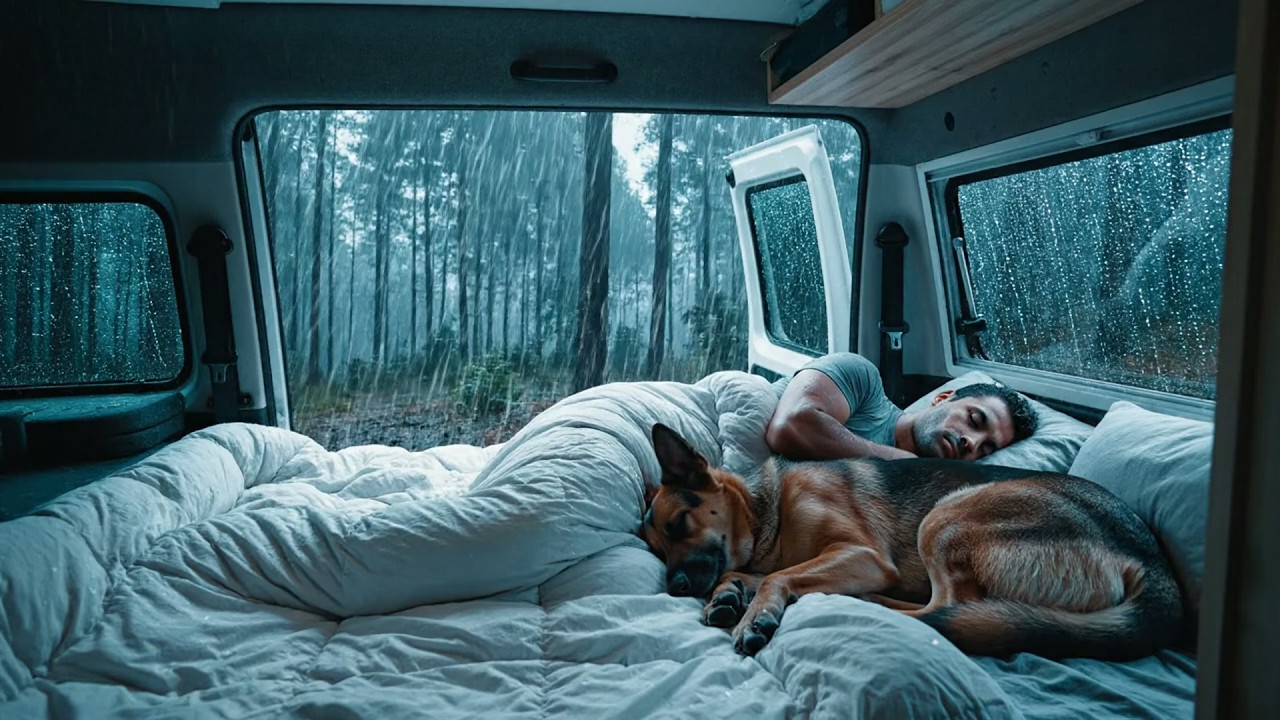 99% Se Duerme al Instante en una Caravana con Gotas de Lluvia Fuera de la Puerta Trasera