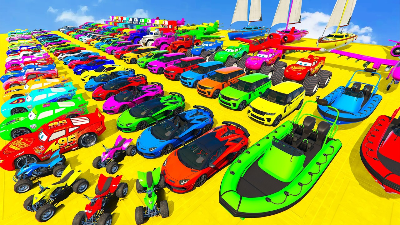 GTA V Mods Ultimate Stunt Challenge 💥SPIDER-MAN With McQueen Mack Truck Motorcycle Helicopter & Boat