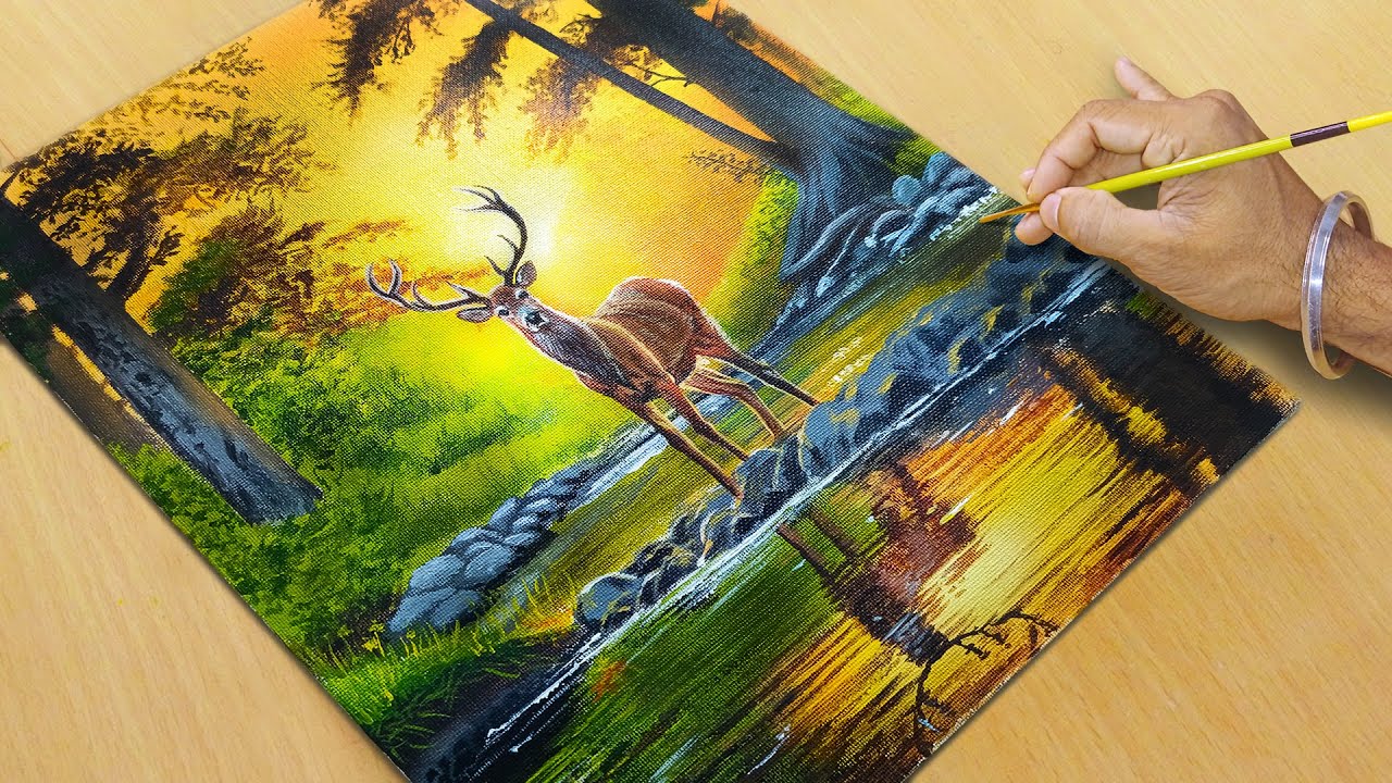 How to Draw Sunset Lake / Acrylic Painting for Beginners #34 #art #acrylicpainting #painting