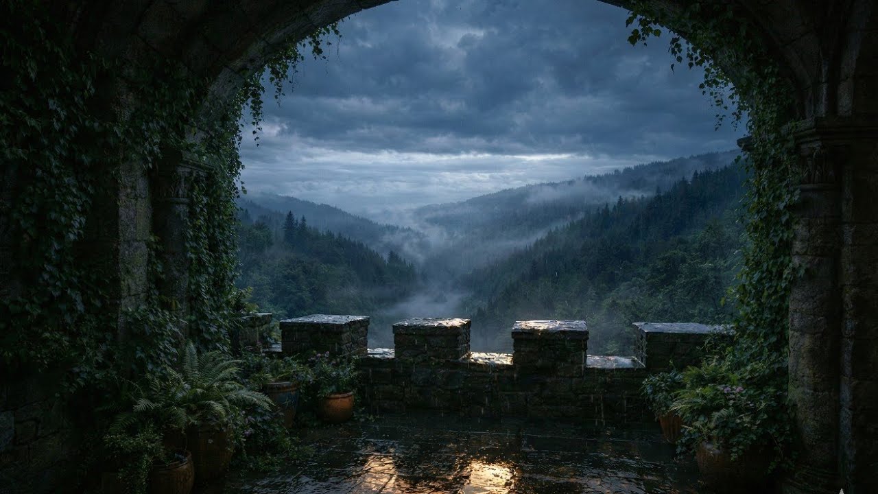 The Moody Green Terrace | 4K Overcast Morning Rain on Castle Balcony