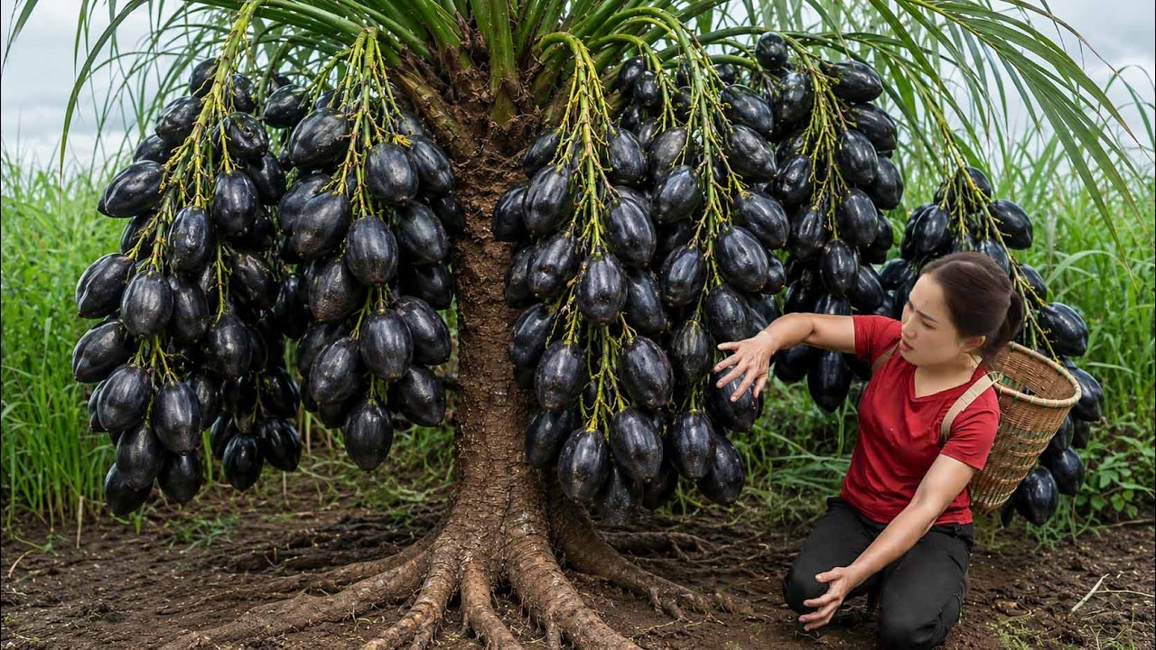Harvesting Giant Black Canarium Fruits | Rare Mountain Fruit Sold Out Fast at Market. nature girl