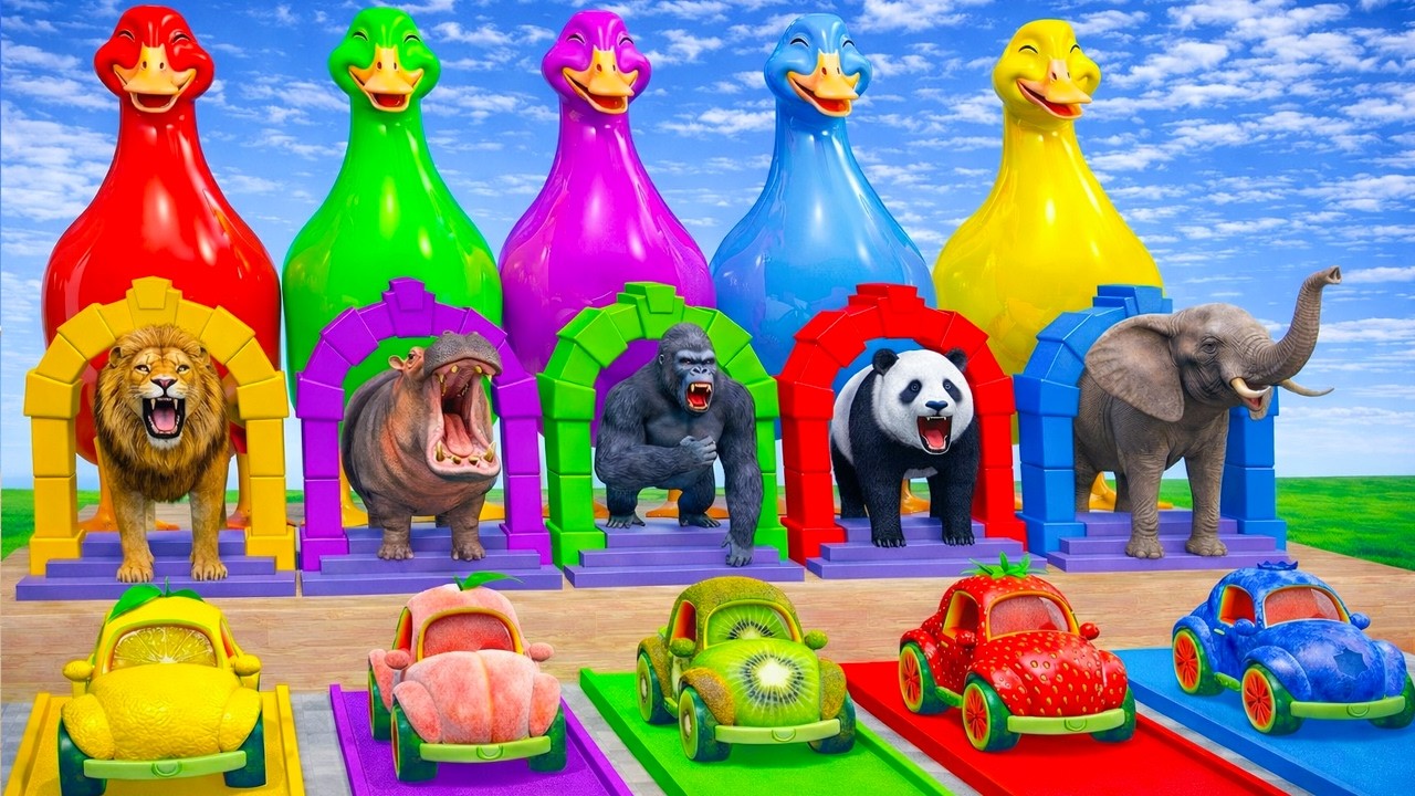 Long Slide Game With Cow Elephant Gorilla Hippopotamus Tiger - 3d Animal Game - Funny 3d Animals