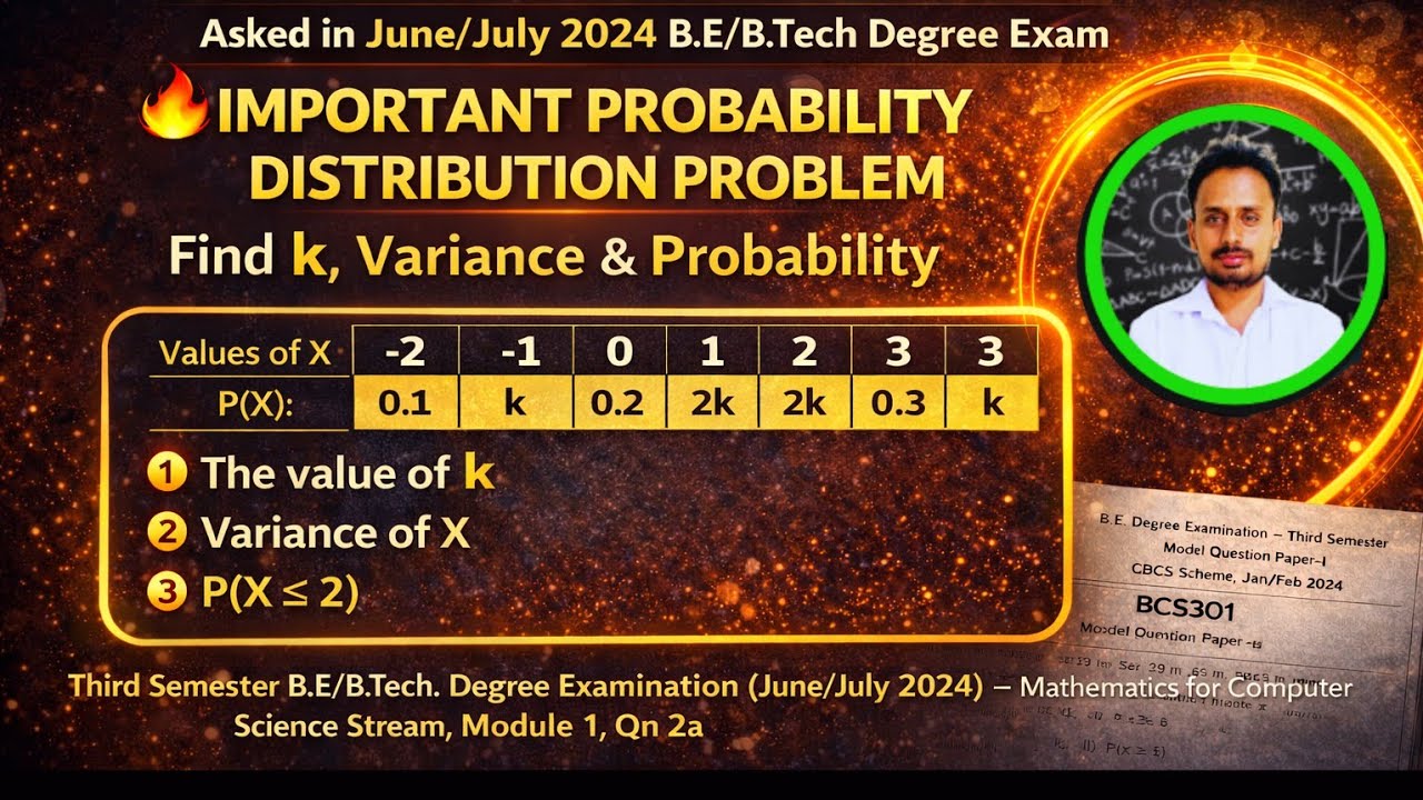 BCS301 Probability Distributions | Find k, Variance & P(x≤2) | VTU June/July 2024 Q2a Solution