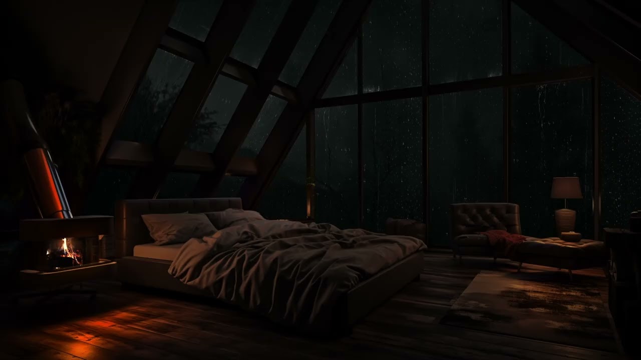 A calm night in a hidden woodland cabin as rain moves slowly through the dark forest