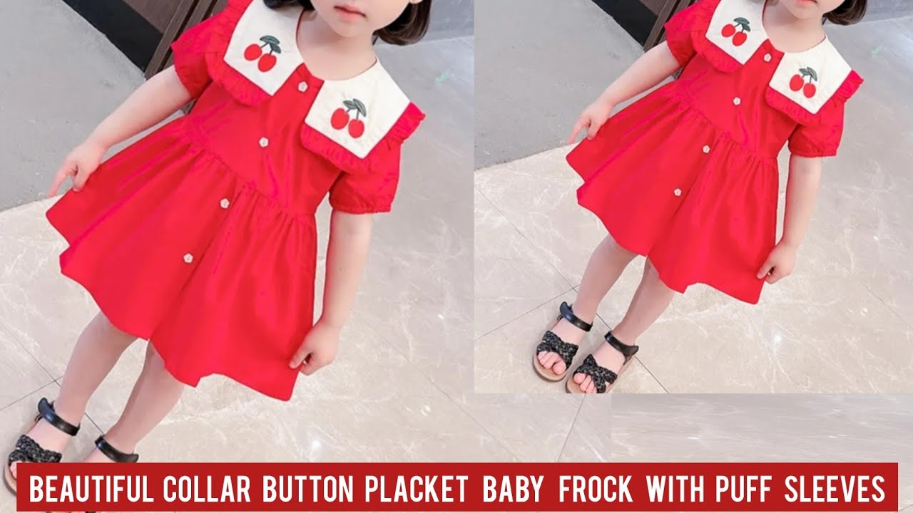 Beautiful Collar Button Placket Baby Frock With Puff Sleeves Cutting & Stitching/Baby Frock Design