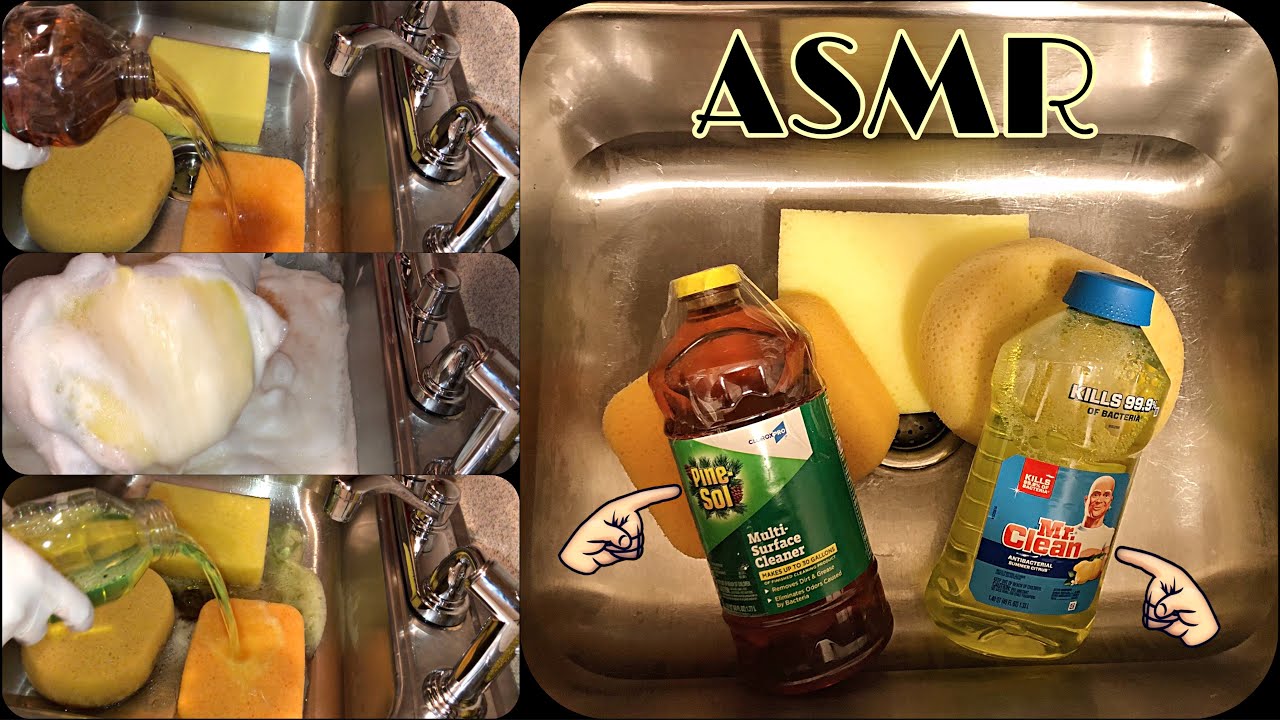 ASMR Pine Sol & Mr Clean Citrus Satisfying Sponge Squeezing|Sudsy Sponge Rinsing|Kitchen Sink Scrub