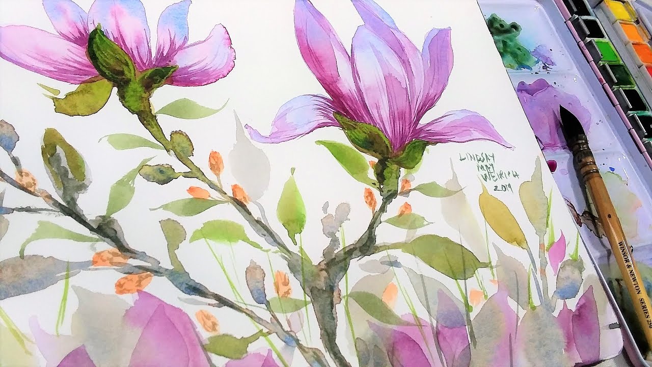 EASY! 4 Color, No Drawing Required Magnolia Watercolor Painting!