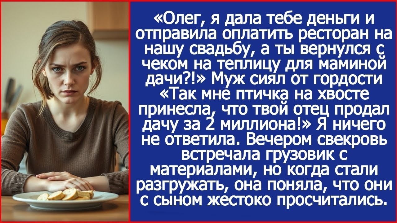 Олег, я дала тебе деньги и отправила оплатить ресторан на нашу свадьбу, а ты купил маме теплицу_!