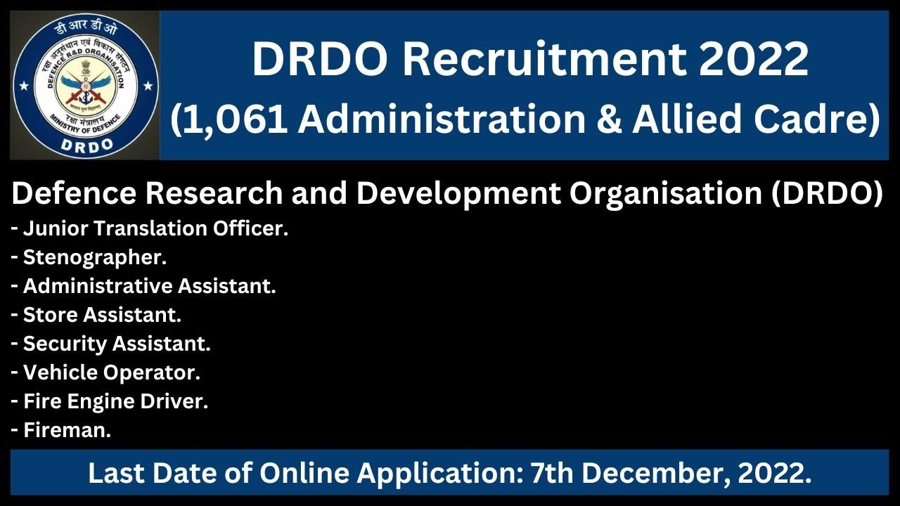 DRDO Recruitment 2022: 1,061 Administration & Allied Cadre Vacancy