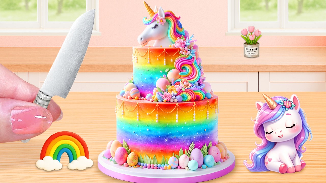 Colorful Rainbow Unicorn Layer Cake 🌈🦄 Mini Cake Challenge | Lily Little Cake