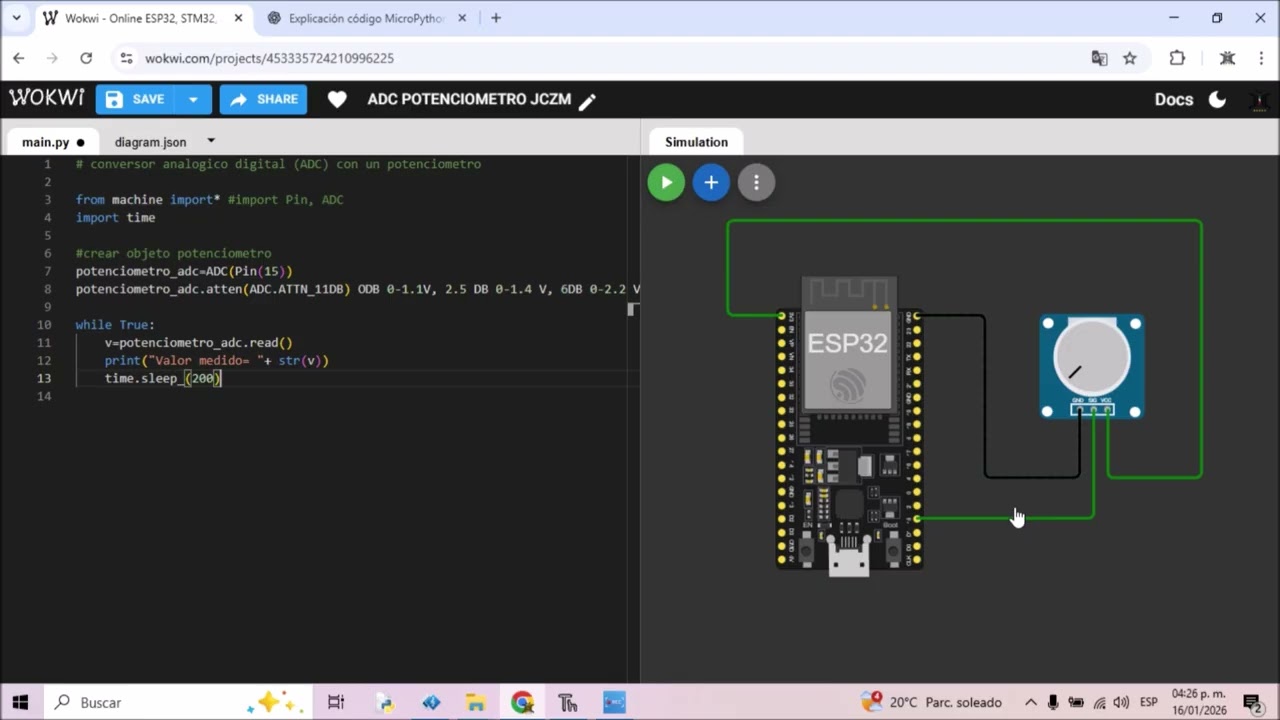 8. ESP32 Micro Python Conversor Analógico Digital (ADC) potenciómetro, Wokwi y Thonny