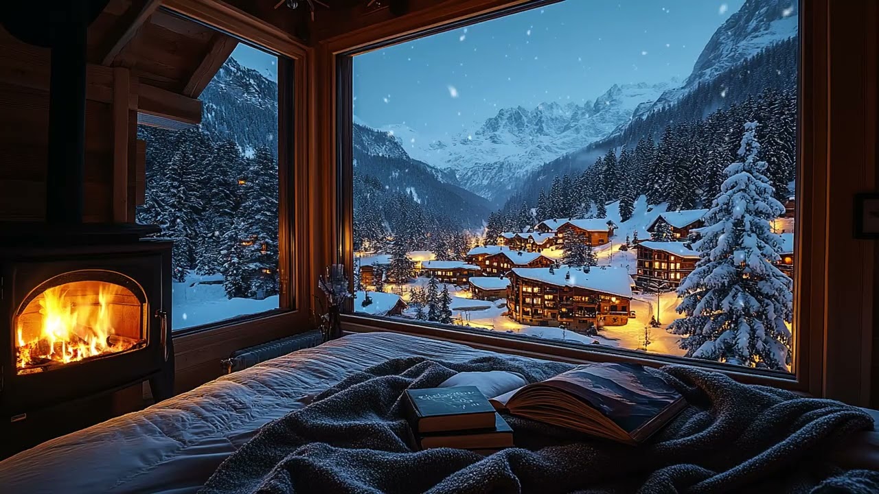 Cozy Snowy Night Atmosphere ❄️ Crackling Fireplace and Snowfall for Deep Sleep and Emotional Comfort