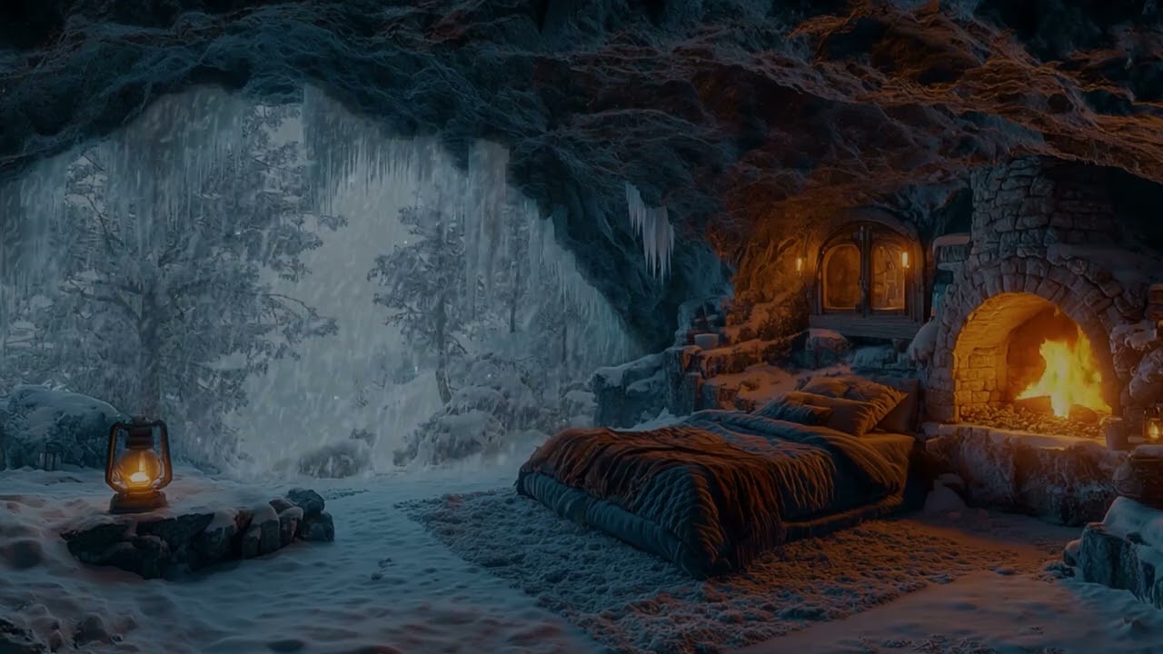 Relax In A Cozy Winter Cave With A Crackling Fire | Fall Asleep Fast | Winter Ambience | ASMR