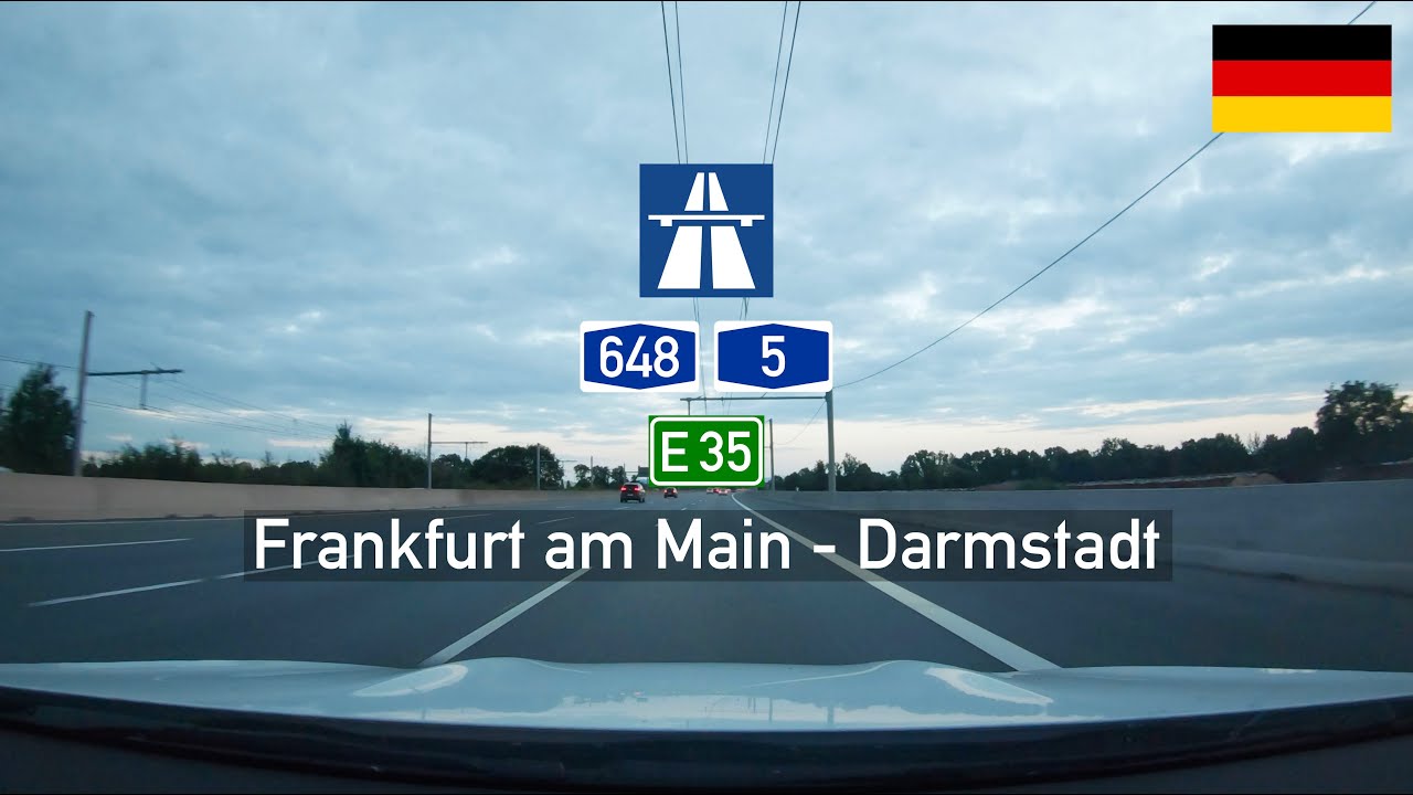 Driving in Germany: Autobahn A648 and A5 E35 from Frankfurt am Main to Darmstadt (eHighway)