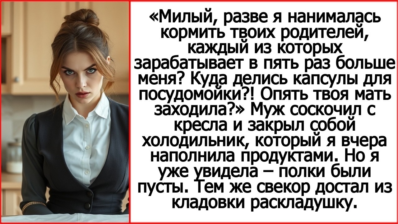 Милый, разве я нанималась кормить твоих родителей. Каждый из них зарабатывает в пять раз больше меня