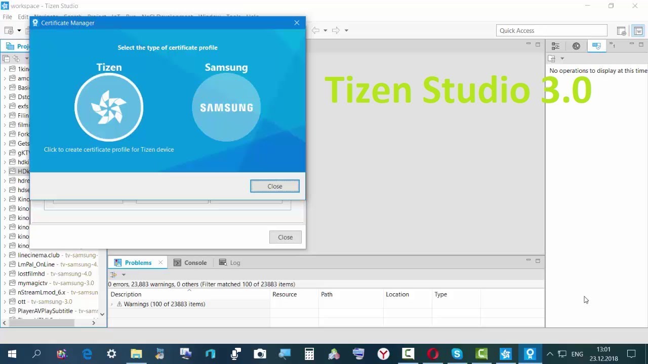 Проблемы с Tizen Studio 3.0 Где окно выбора сертификатов ?