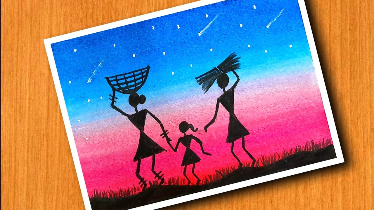 Warli art | Tribal art | Warli art drawing with oil pastels