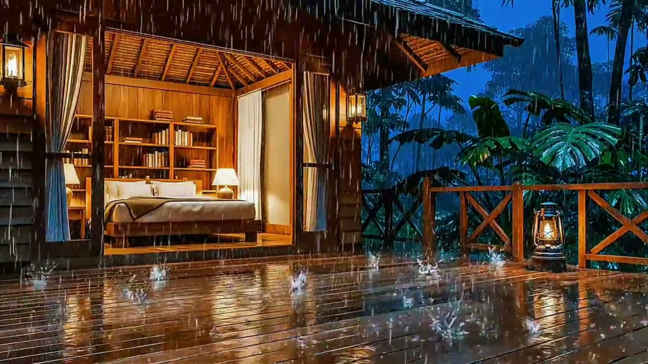 Heavy Rain on a Cozy Jungle Cabin 🌧️🏮 Tropical Night Sounds for Deep Sleep