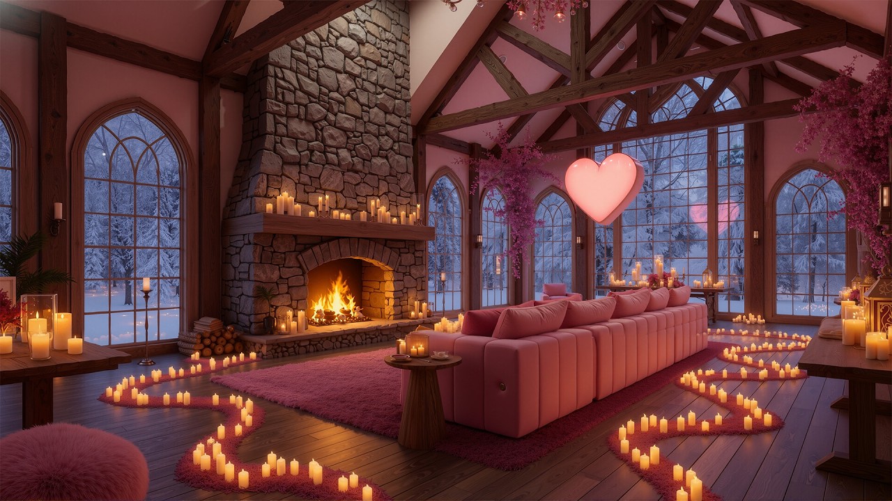 Dreamy Valentine’s Pink Snow Cabin 💕 Cozy Fireplace & Soft Jazz Ambience for Relaxing Night