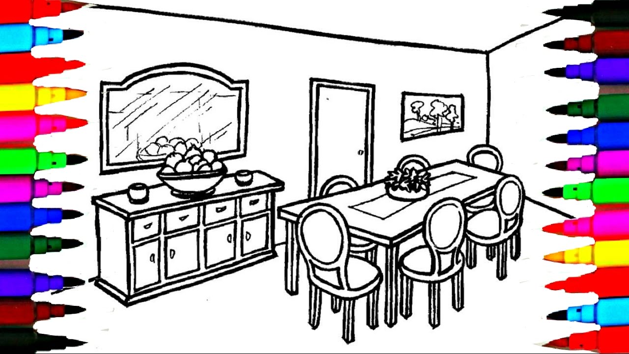 Coloring Pages Dining Table and Chairs l Mirror l Dining Room Drawing Pages To Color For Kids