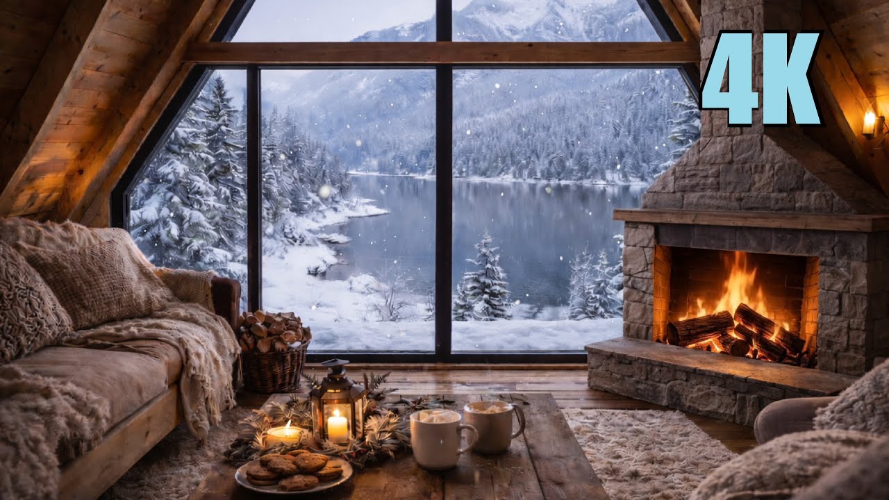 5 Hours Cozy Cabin Fireplace 4K 🔥 Fire Sounds | QuietHours