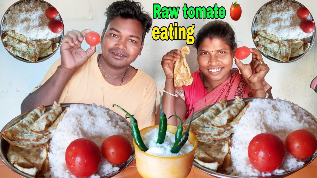 Raw tomato eggs omelette rice eating | tomato chatni omelette rice eating | eating show
