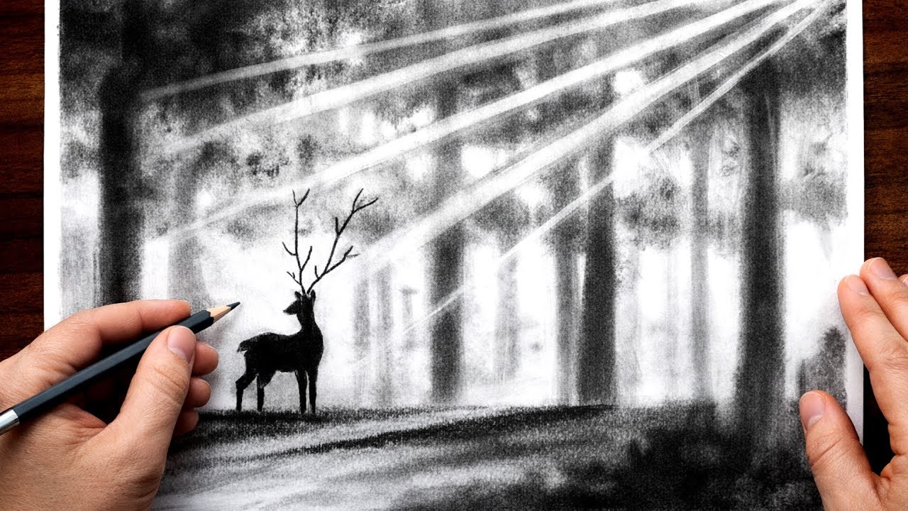 Pencil Drawing for Beginners | Deer Forest Landscape Sketch #pencildrawing #dree  #easydrawing