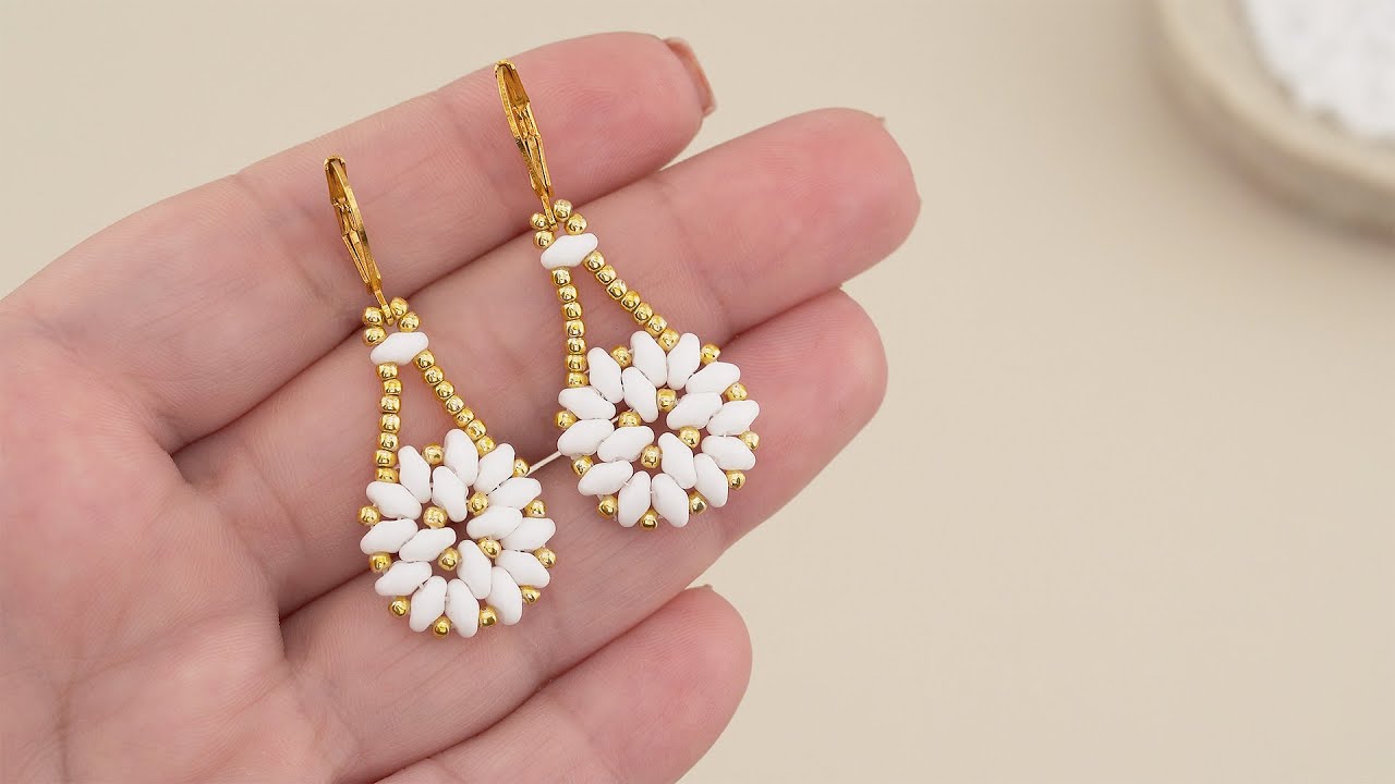 SuperDuo Seed Bead Earrings Tutorial Easy | White & Gold Earring Design with Beads #beadedearrings 🤍