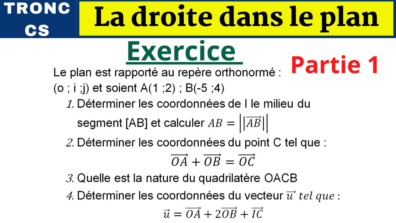 Maths-Tronc CS : La droite dans le plan exercices corrigés partie-1