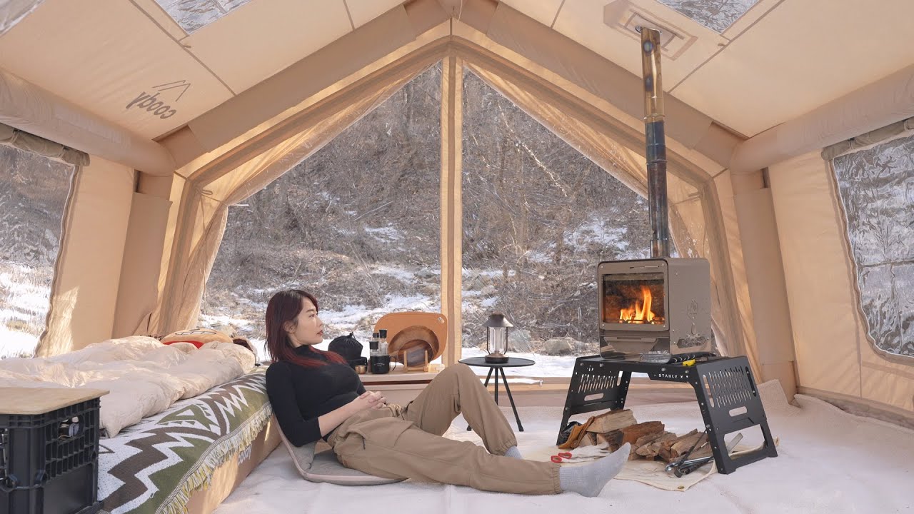 Cozy Solo Winter Camping in an Air Tent That Feels Like Home / Camping V-log