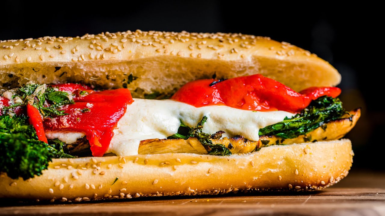 ITALIAN GRILLED CHICKEN SUB with Broccoli Rabe, Red Roasted Peppers, and Fresh Mozzarella