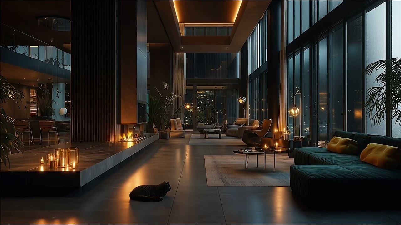 Luxury High-Rise Night 🌙 | Rain on Windows & Fireplace | 3 Hours of Cozy Sleep Ambience